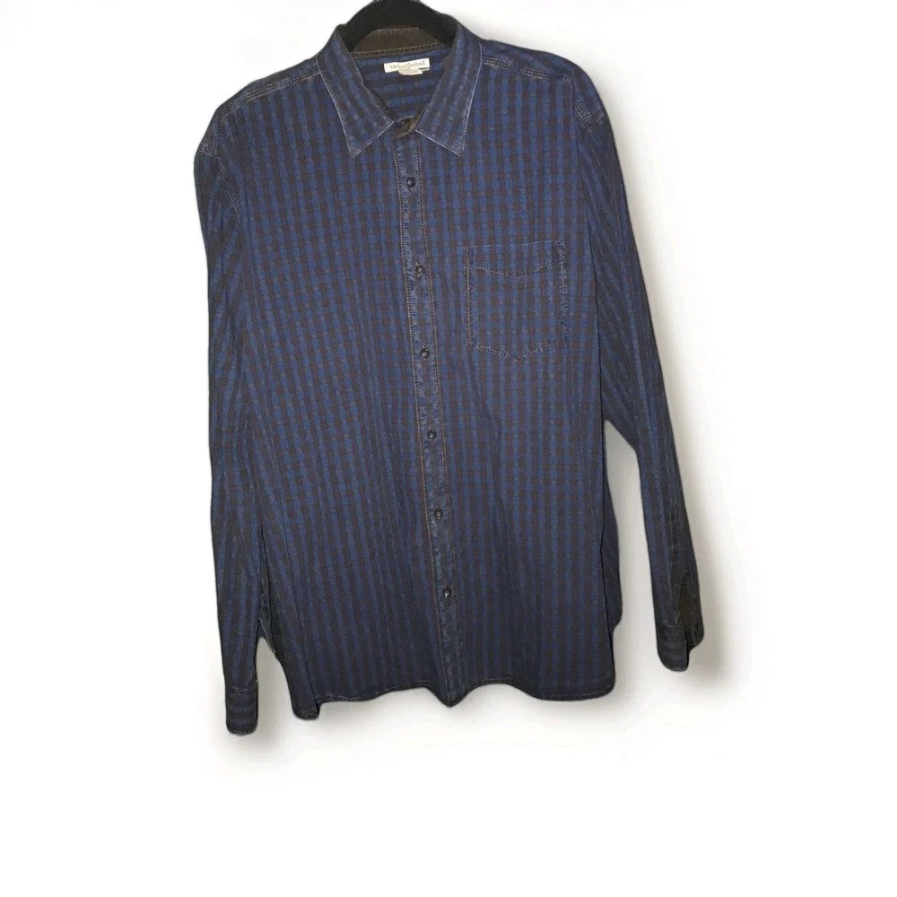 Carbon2Cobalt Shirt XL Mens Blue Brown Plaid Check Button Up Cotton Long Sleeve - Picture 1 of 11